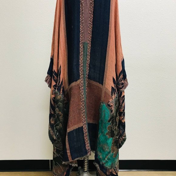 Tops | Rose Turquoise Red Ruana Kimono One Size New Navy | Poshmark